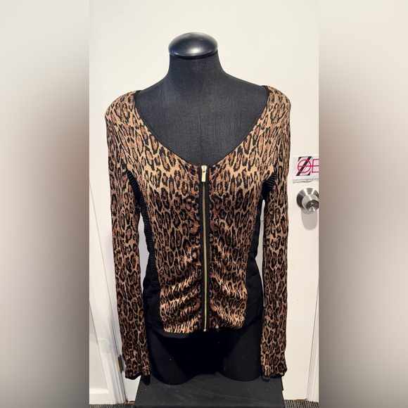 Cache Tops - Vintage Cache Leopard Print Zip-Up Top